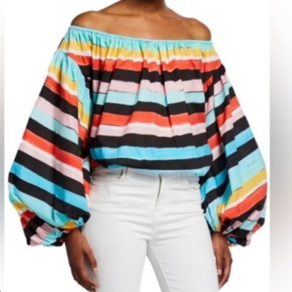 Caroline Constas Andros Striped Off the Shoulder Balloon Sleeve Crop Top